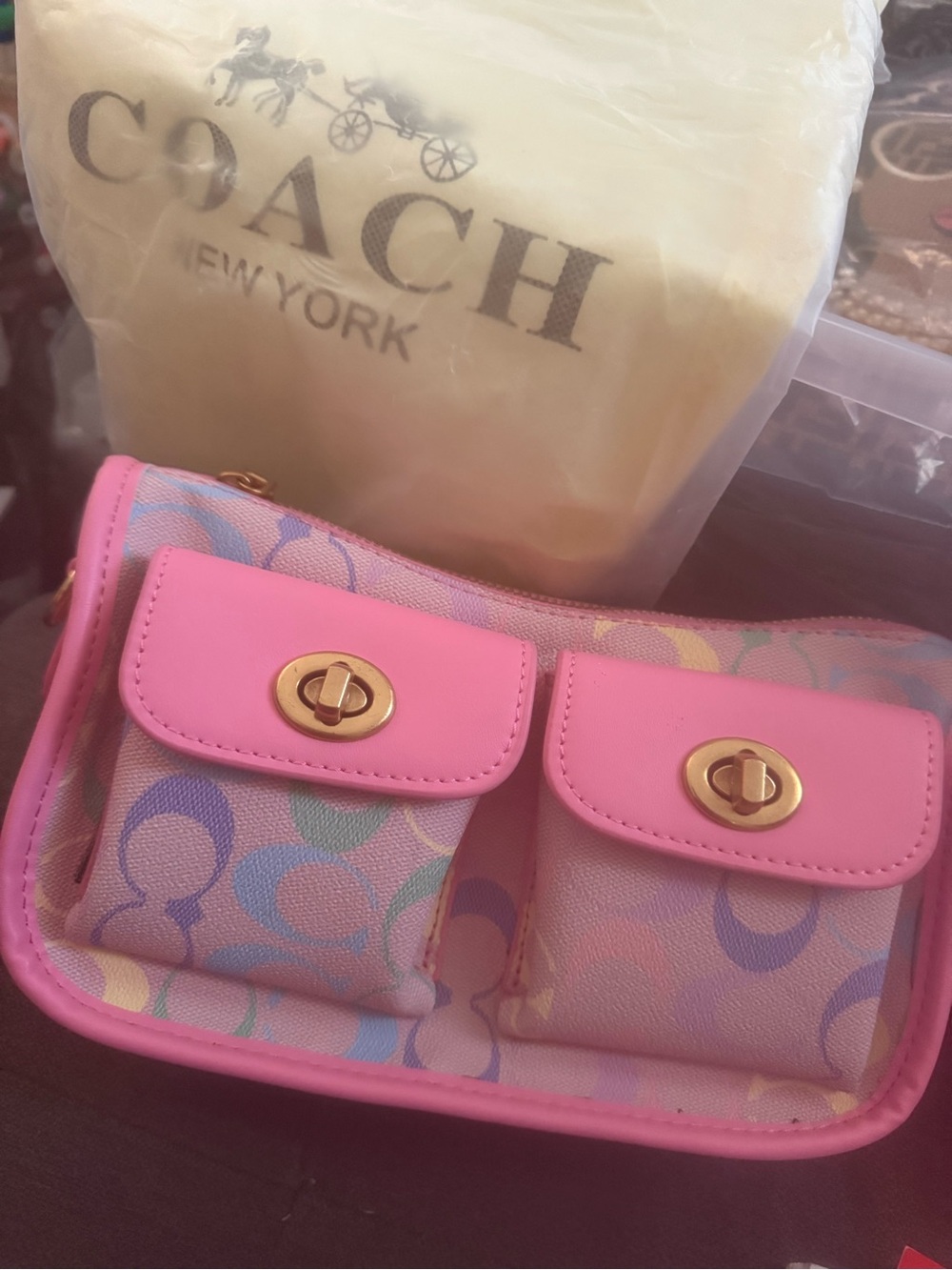 Pink Multicolor Signature Double Pocket Wristlet Key & Card Holder